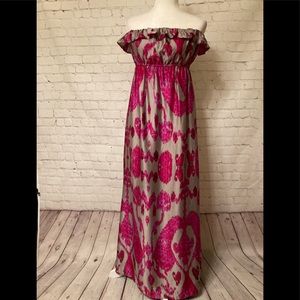 Silver & pink strapless maxi dress. Size: Medium Satin material with underlining